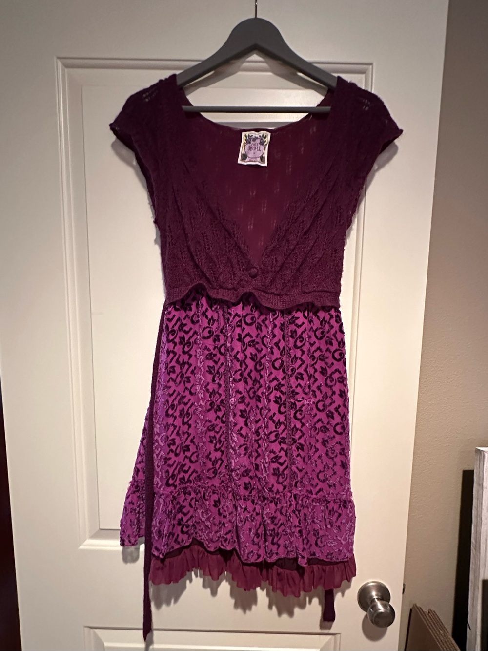 Free People Purple Lace & Knit Overlay Dress with velvet burnout.
